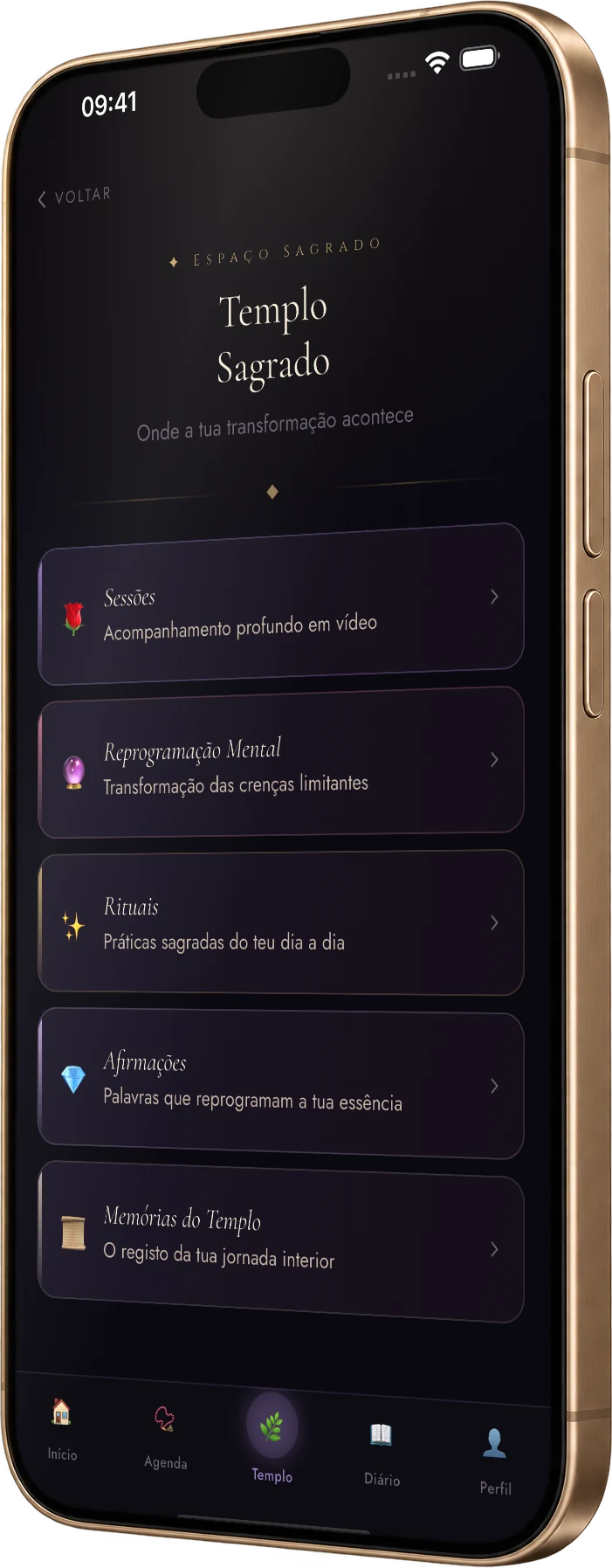 App Mulher Real aberta no iPhone, no ecrã Templo Sagrado